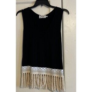 VaVa by Joy Han USA Top Women’s M Black Tank Lace Crochet Trim Beige Fringe Chic